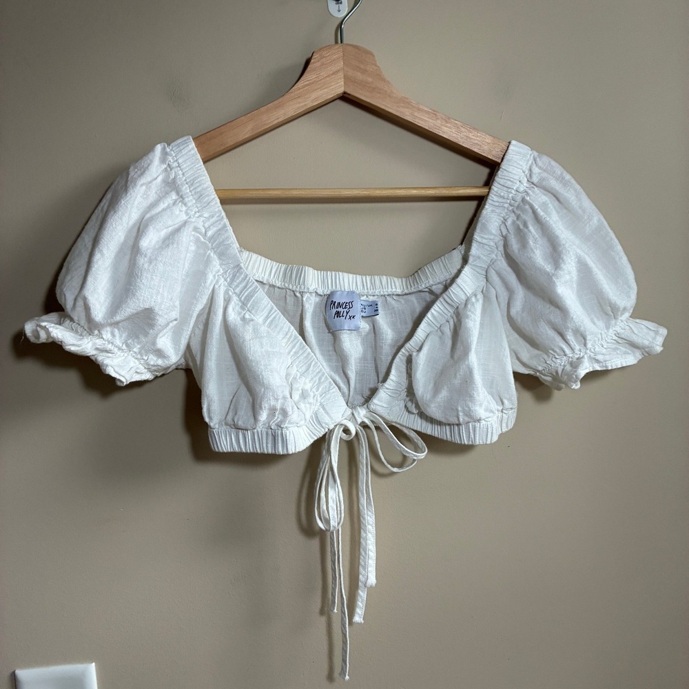 Princess Polly Tie Front Crop Top Size 4 White Womens Cotton Puff Sleeve